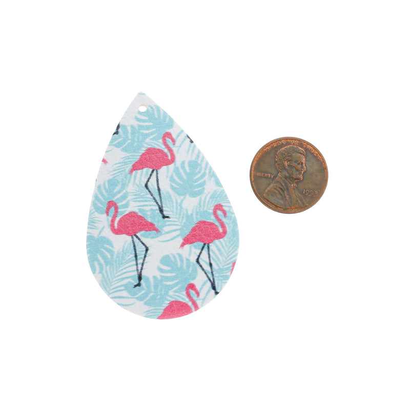 Imitation Leather Teardrop Pendants - Blue Tropical Leaf Flamingo - 4 Pieces - LP176