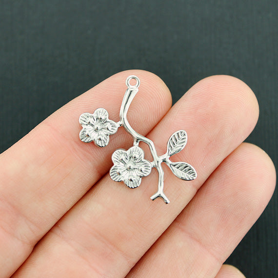 6 Flower Branch Silver Tone Stainless Steel Charms - MT688