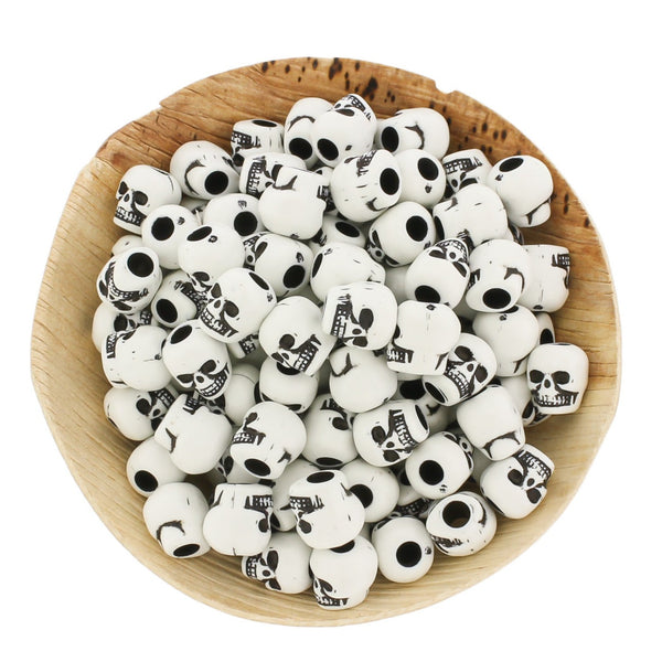 Perles Acryliques Tête de Mort 10mm - Noir et Blanc - 50 Perles - BD1964