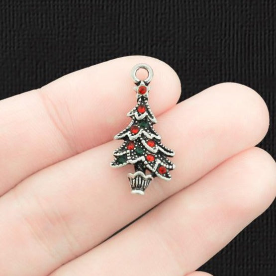 2 Christmas Tree Antique Silver Tone Charms With Inset Rhinestones - XC074