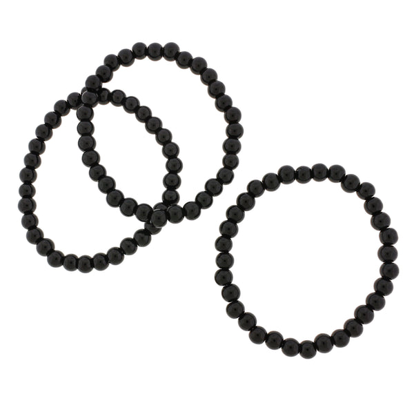 Round Glass Bead Bracelets - 54mm - Polished Black - 5 Bracelets - BB047