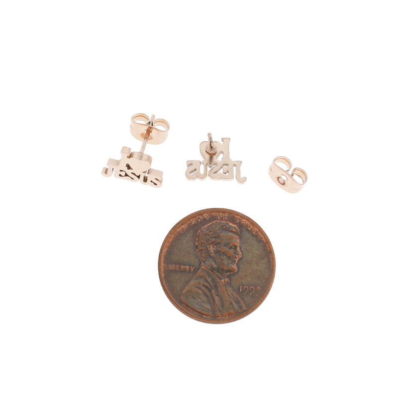 Rose Gold Stainless Steel Earrings - I Love Jesus Studs - 10mm x 7mm - 2 Pieces 1 Pair - ER017
