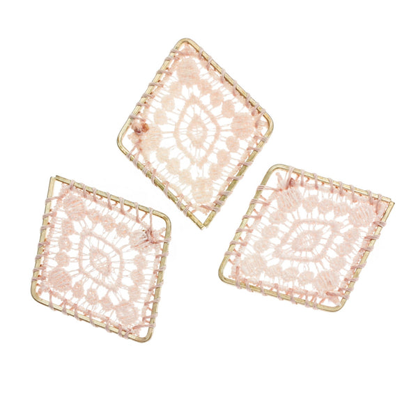2 Light Pink Woven Lace Rhombus Gold Tone Pendants - TSP238
