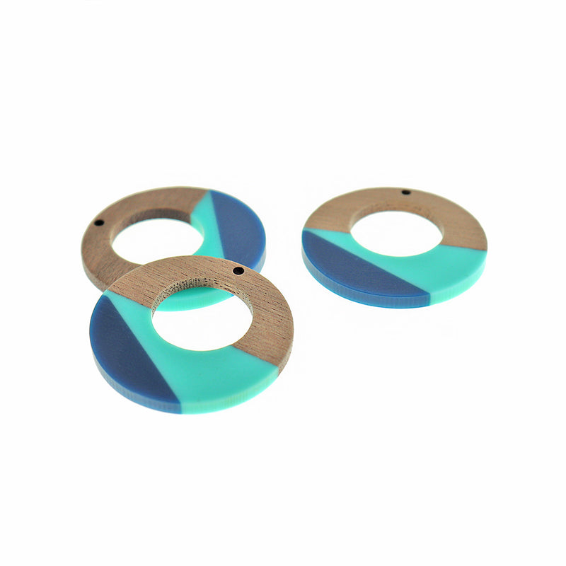 Ring Natural Wood and Resin Charm 38mm - Turquoise and Navy Blue - WP502