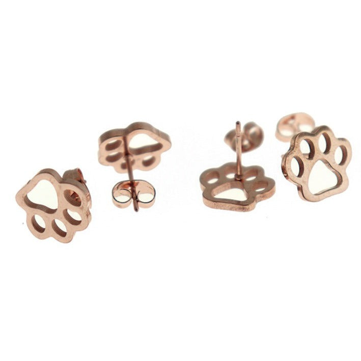 Rose Gold Stainless Steel Earrings - Paw Print Studs - 12mm x 11mm - 2 Pieces 1 Pair - ER445