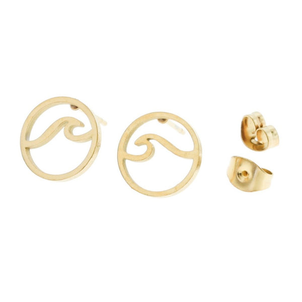Gold Stainless Steel Earrings - Wave Studs - 12mm x 12mm - 2 Pieces 1 Pair - ER034