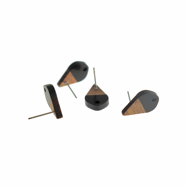 Wood Stainless Steel Earrings - Black Resin Teardrop Studs - 17.5mm x 11mm - 2 Pieces 1 Pair - ER654