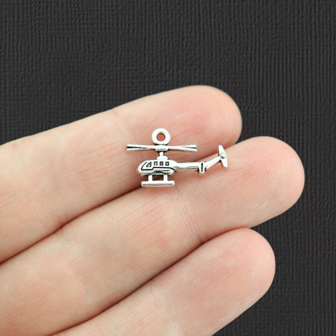 15 Helicopter Antique Silver Tone Charms 2 Sided - SC5484