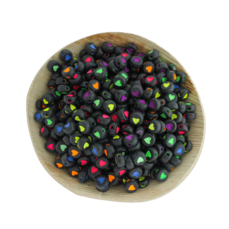 Flat Round Acrylic Beads 7mm - Rainbow Hearts - 200 Beads - BD876