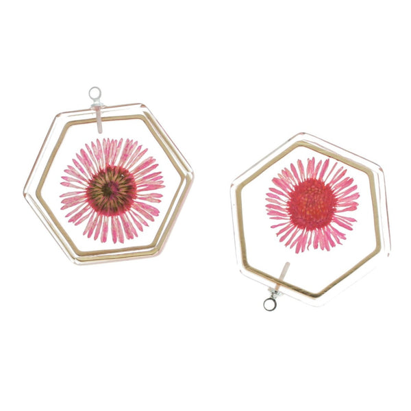 2 Pink Dried Flower Silver Tone and Resin Charms - K422