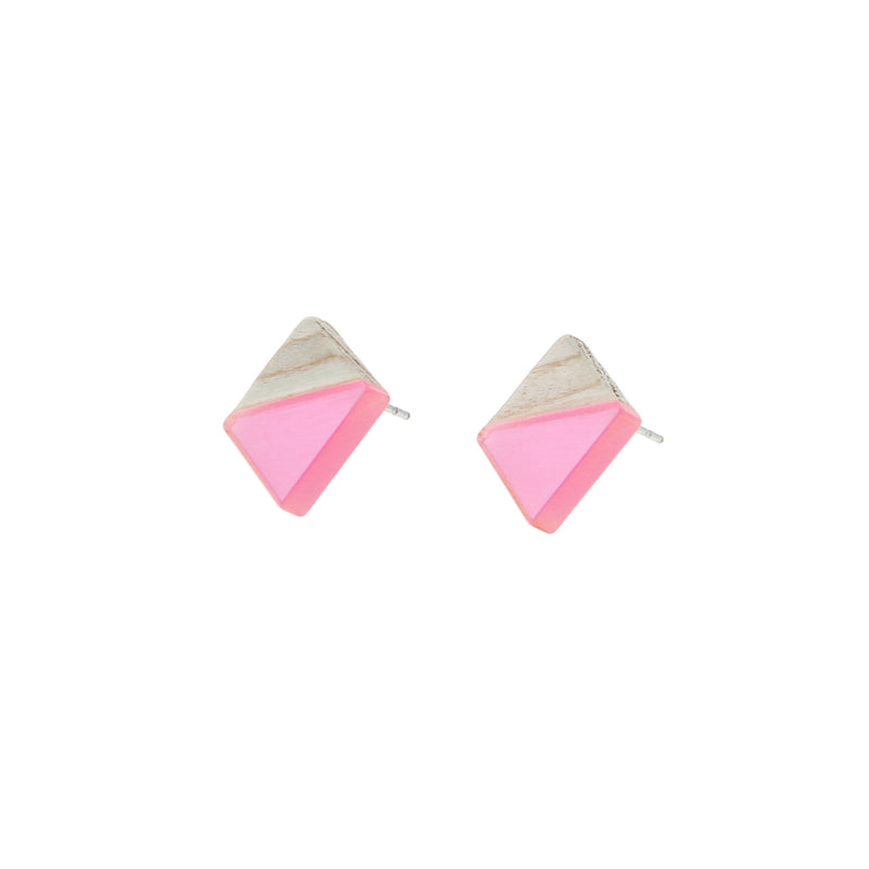 Wood Stainless Steel Earrings - Light Pink Resin Rhombus Studs - 18mm x 17mm - 2 Pieces 1 Pair - ER156
