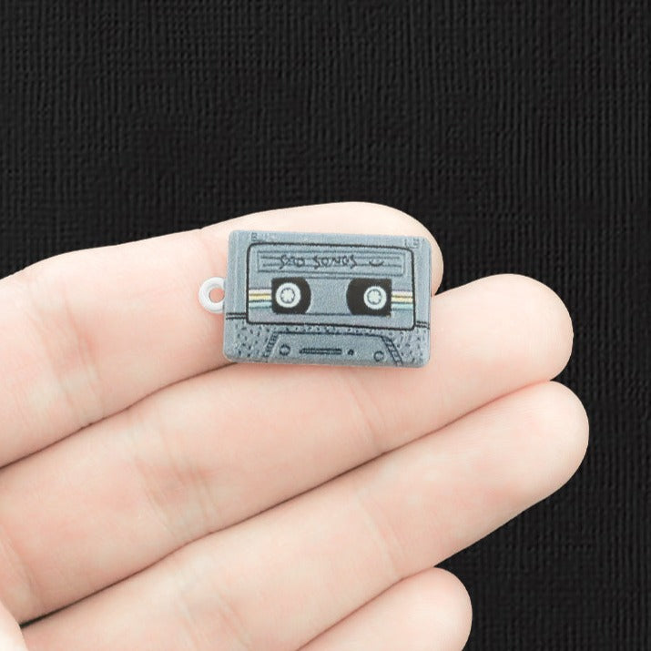 4 Grey Cassette Tape Silver Tone Enamel Charms - E1523
