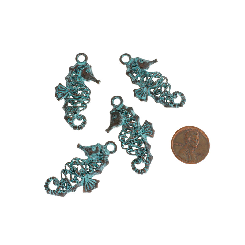 Seahorse Antique Copper Tone Mykonos Charms with Green Patina 2 Sided - BC1539