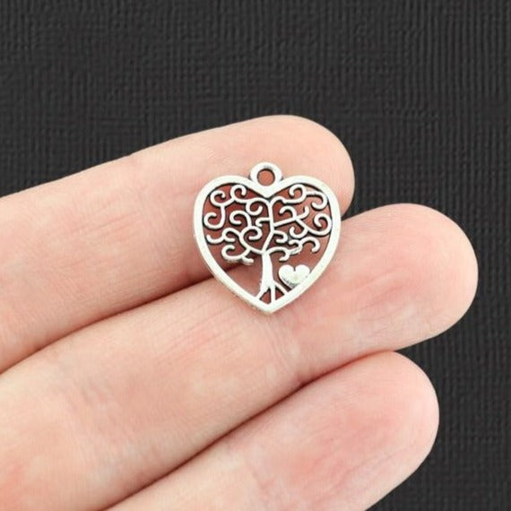 10 Heart Tree of Life Antique Silver Tone Charms 2 Sided - SC4053