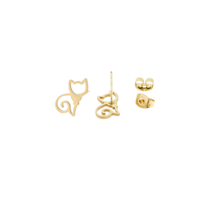 Gold Stainless Steel Earrings - Cat Studs - 13mm x 8mm - 2 Pieces 1 Pair - ER057