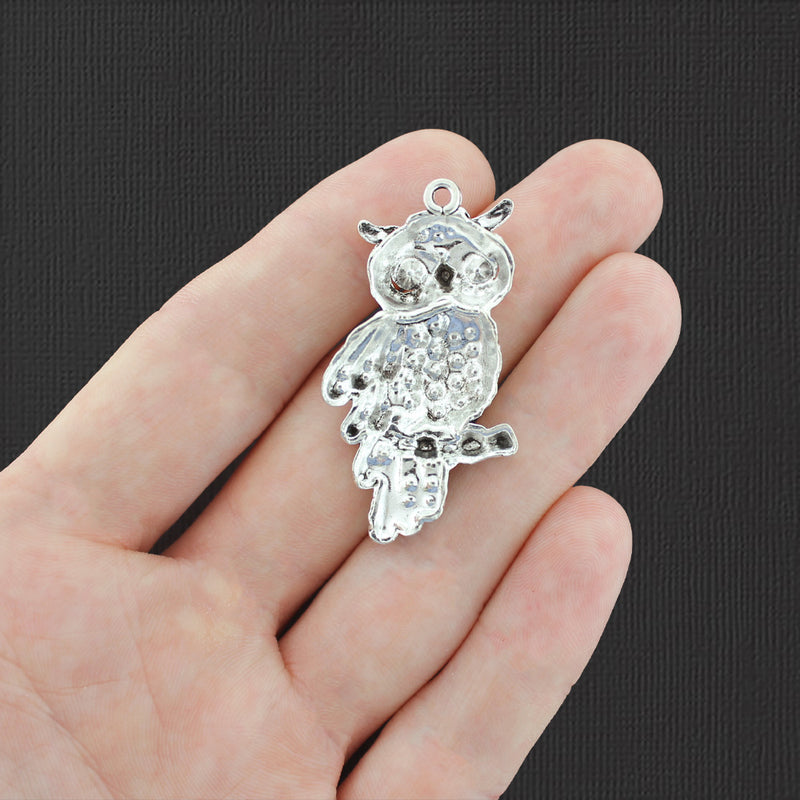 Owl Antique Silver Tone Charm With Inset Rhinestones - SC7607