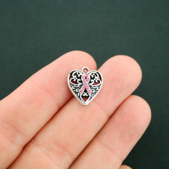 2 Breast Cancer Heart Antique Silver Tone Charms With Inset Rhinestones - SC2715