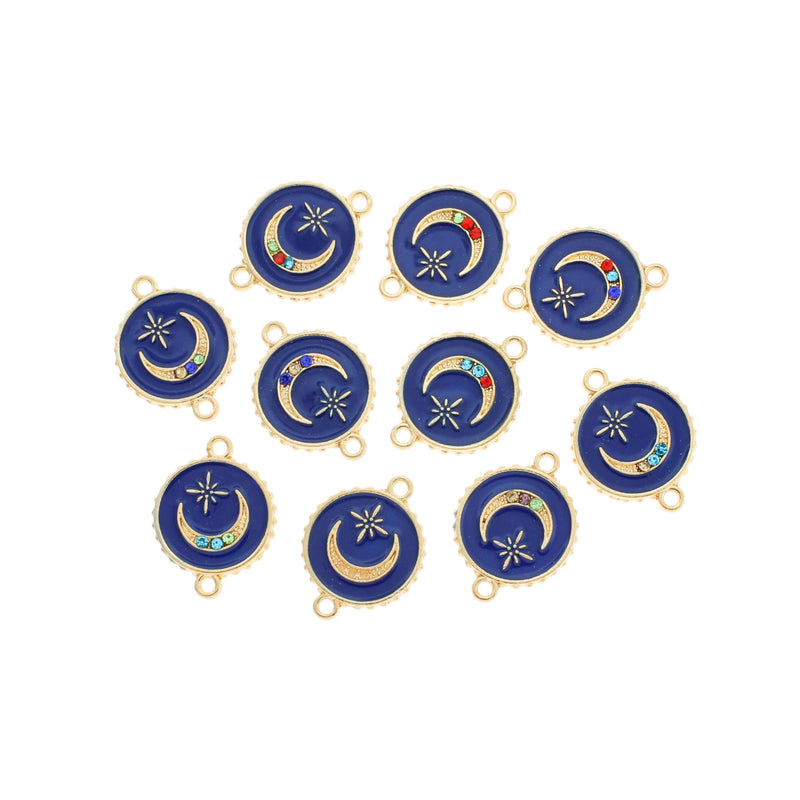 4 Crescent Moon Connector Gold Tone Enamel Charms with Inset Rhinestones - E1214