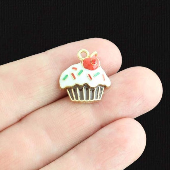 2 Cupcake Gold Tone Enamel Charms With Inset Red Rhinestone - E1507