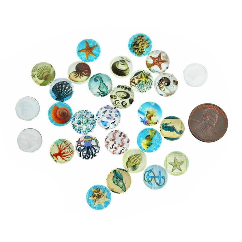 20 sceaux cabochons dôme en verre océan 12 mm assortis - M104