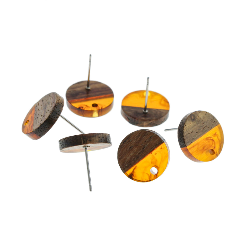 Wood Stainless Steel Earrings - Brown Swirl Resin Round Studs - 14mm - 2 Pieces 1 Pair - ER284