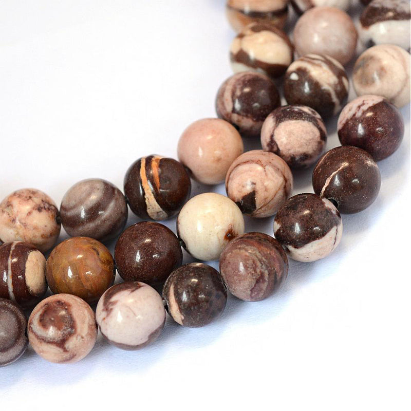 Perles rondes en jaspe zébré naturel 8 mm - Marbre brun chocolat - 1 brin 47 perles - BD1340
