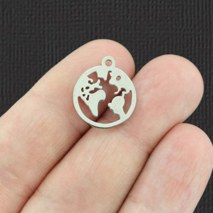 World Outline Silver Tone Stainless Steel Charm 2 Sided - SSP021