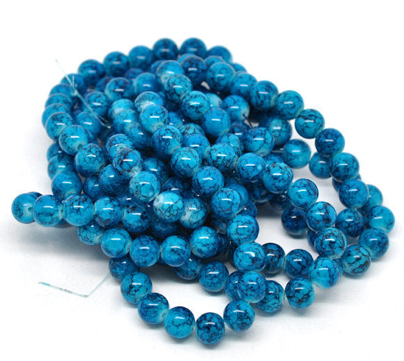 Round Glass Beads 10mm - Turquoise and Midnight Marble - 1 Strand 85 Beads - BD002
