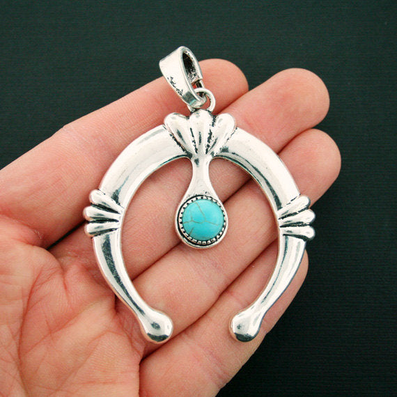 Fer à cheval Antique Silver Tone Charm avec Imitation Turquoise - SC6724