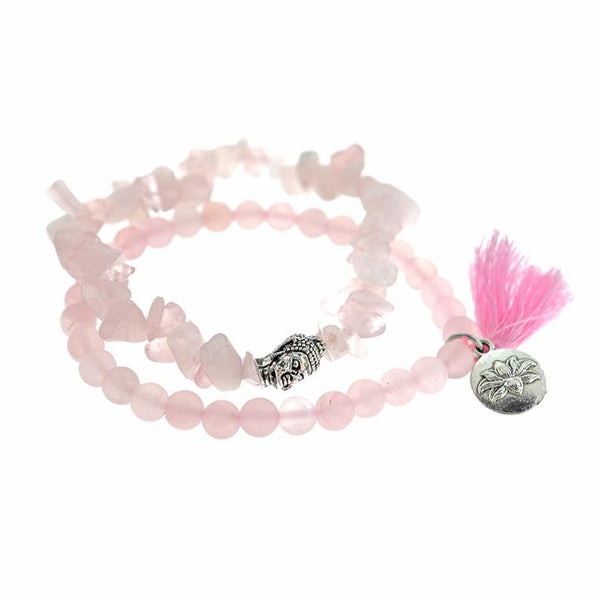 Bracelets de Perles de Quartz Rose Naturel - 65mm - Rose Pétale - 1 Set 2 Bracelets - N754