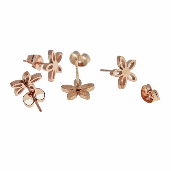 Rose Gold Stainless Steel Earrings - Flower Studs - 10mm - 2 Pieces 1 Pair - ER439