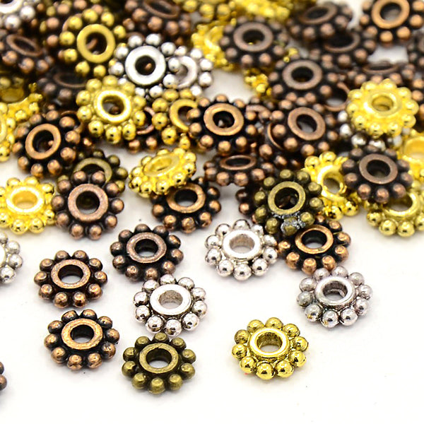 Daisy Spacer Beads 6.5mm x 6.5mm - Assorted Silver, Bronze, Copper and Gold Tone - 50 Beads - FD384