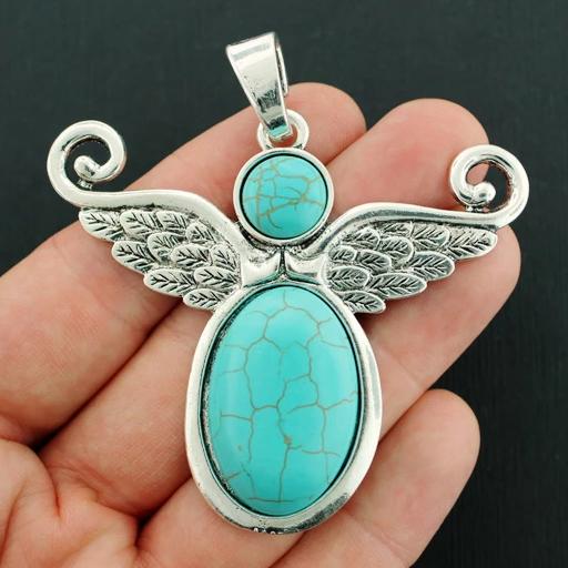 Angel Antique Silver Tone Charm With Imitation Turquoise - SC7866