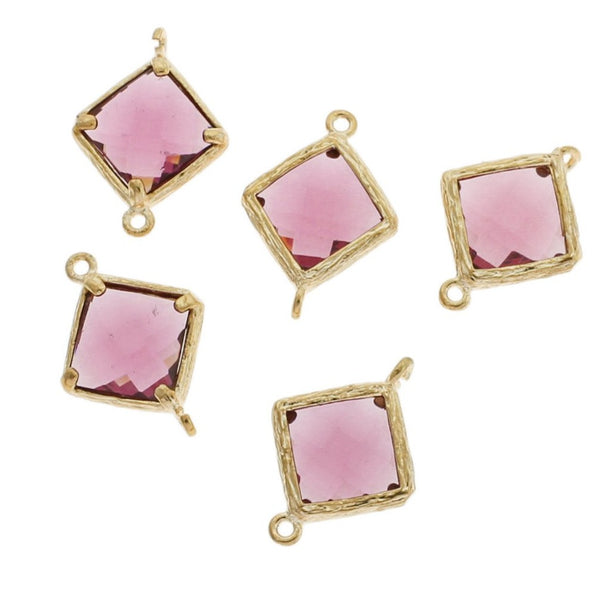 4 Violet Glass Pendant Gold Tone Connector Charms - GP28