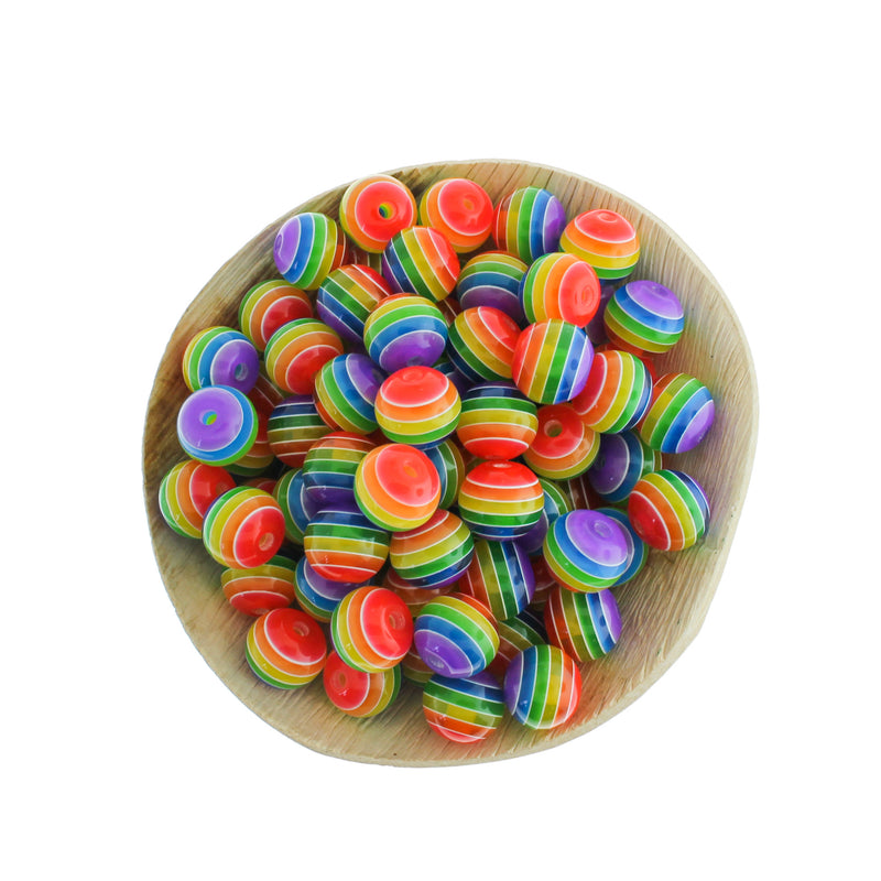 Round Acrylic Beads 12mm - Rainbow Stripe - 25 Beads - BD1086
