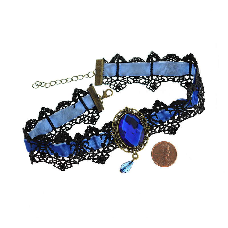 Blue Polyester Choker Necklace with Rhinestone Pendant 13" Plus Extender - 4mm - 1 Necklace - N380