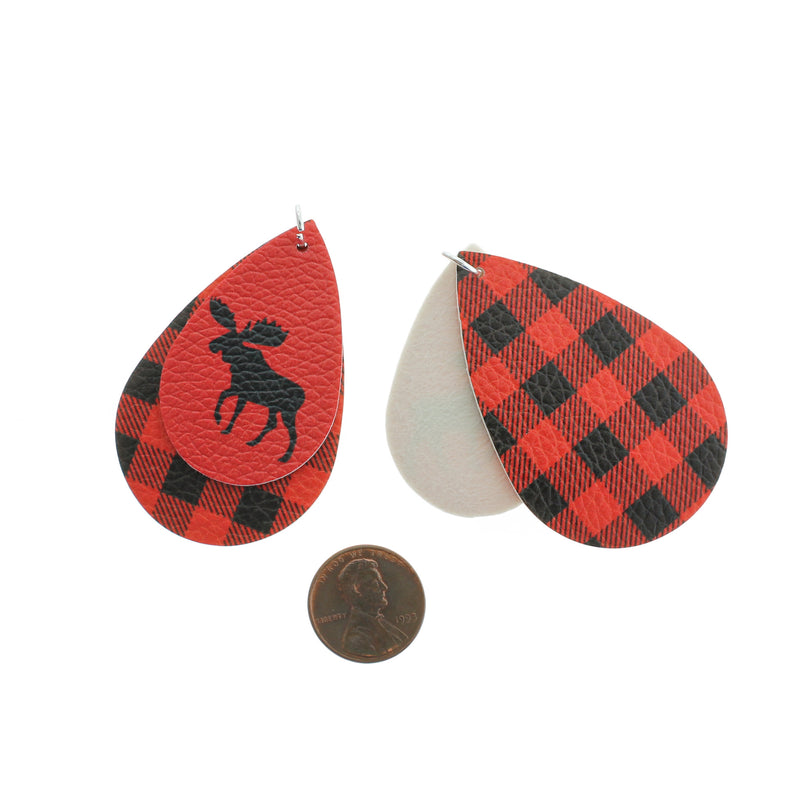 Imitation Leather Teardrop Pendants - Buffalo Plaid Moose - 1 Pair 2 Pieces - LP152