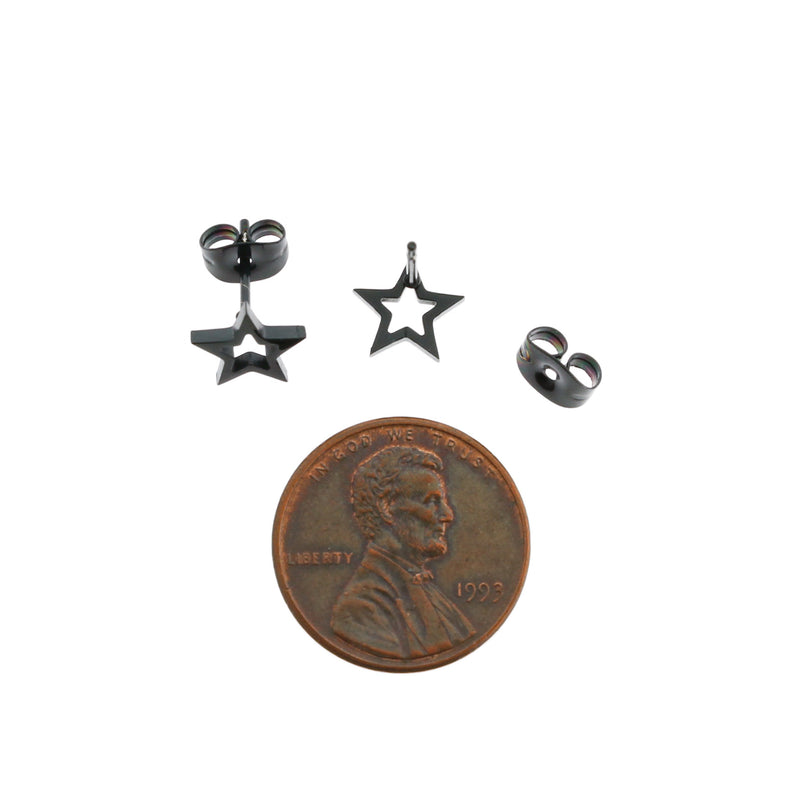 Gunmetal Black Stainless Steel Earrings - Open Star Studs - 8mm x 8mm - 2 Pieces 1 Pair - ER078