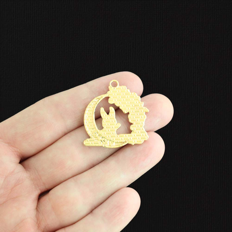 4 Crescent Moon Rabbit Gold Tone Enamel Charms - E809