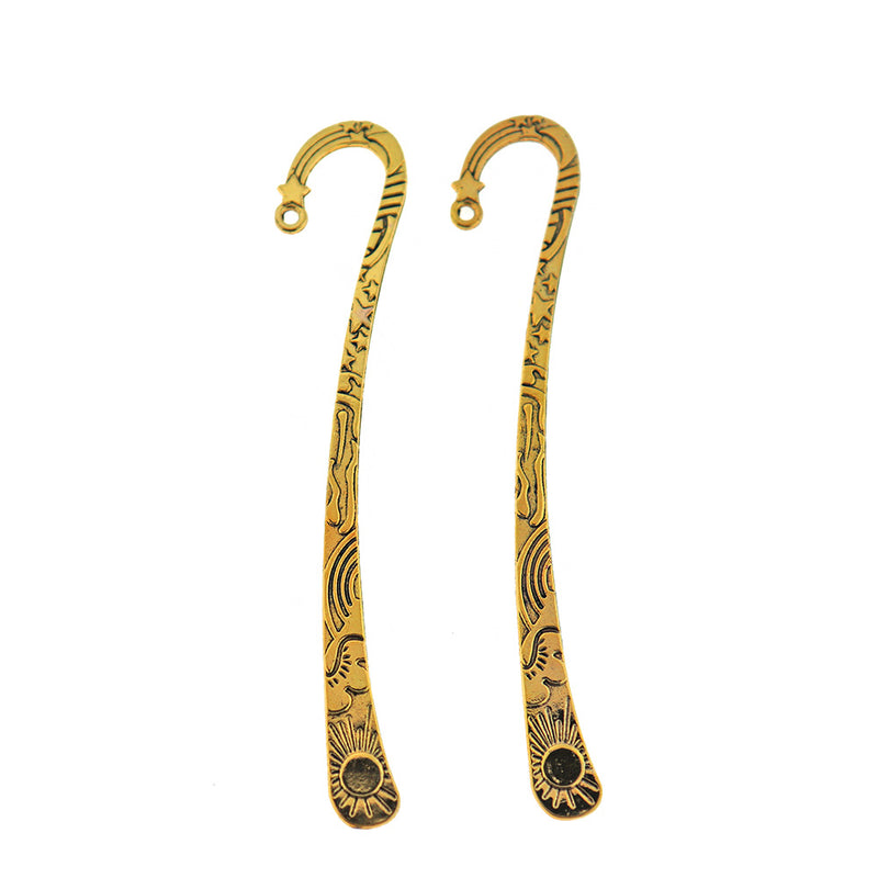 2 Bookmarks Antique Gold Tone Charms 2 Sided 124mm - GC047