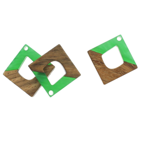 2 Rhombus Natural Wood and Green Resin Charms 27mm - WP378