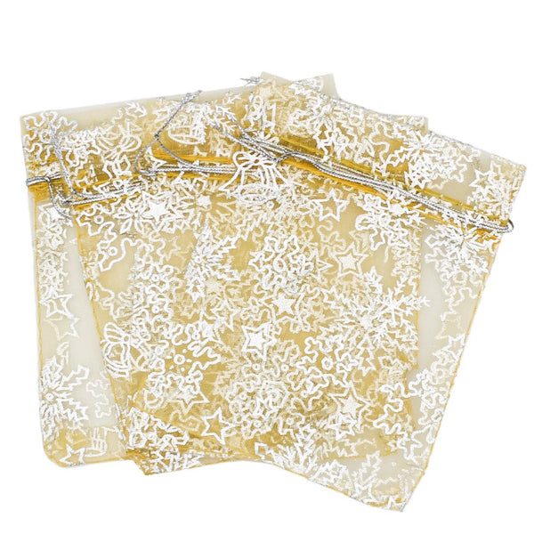BULK 50 Yellow Snowflake Organza Drawstring Bags 12cm x 10cm - TL182