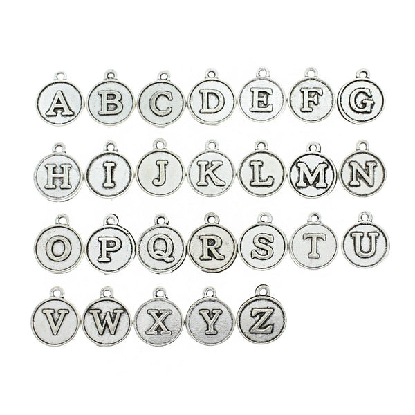 26 Lettres de l'Alphabet Antique Silver Tone Charms 2 Faces - 1 Set - ALPHA2700