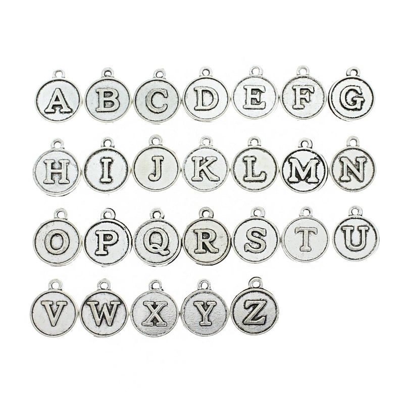 26 Alphabet Letter Antique Silver Tone Charms 2 Sided - 1 Set - ALPHA2700