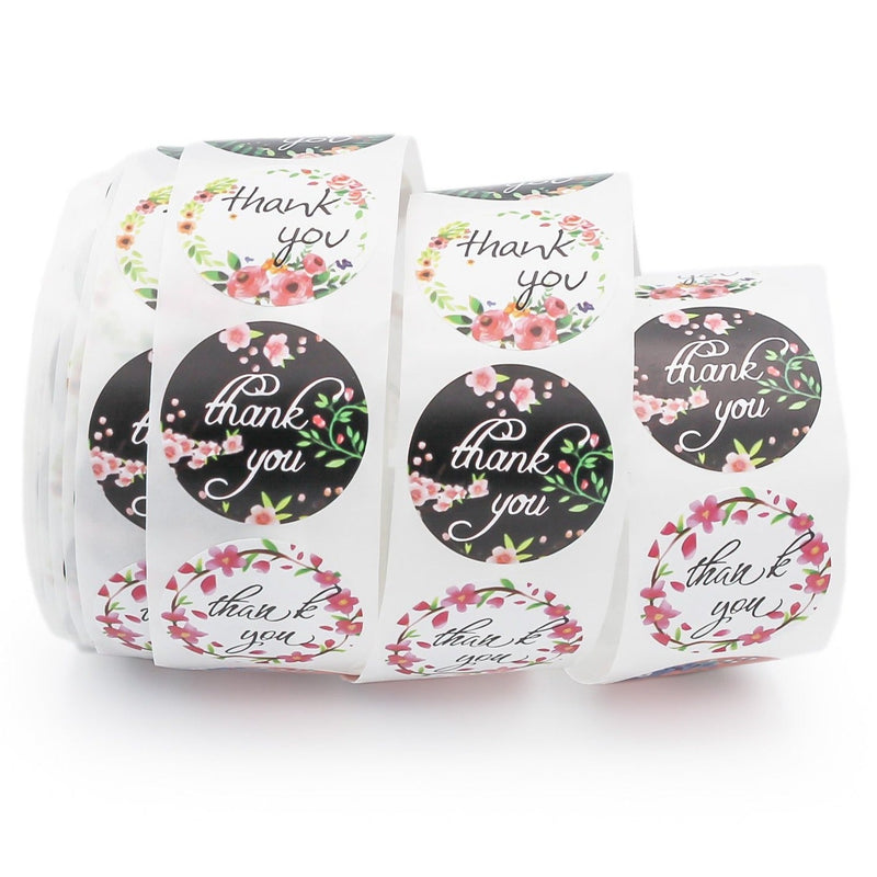 BULK 500 Assorted Floral Thank You Self-Adhesive Paper Gift Tags - Full Roll - TL159