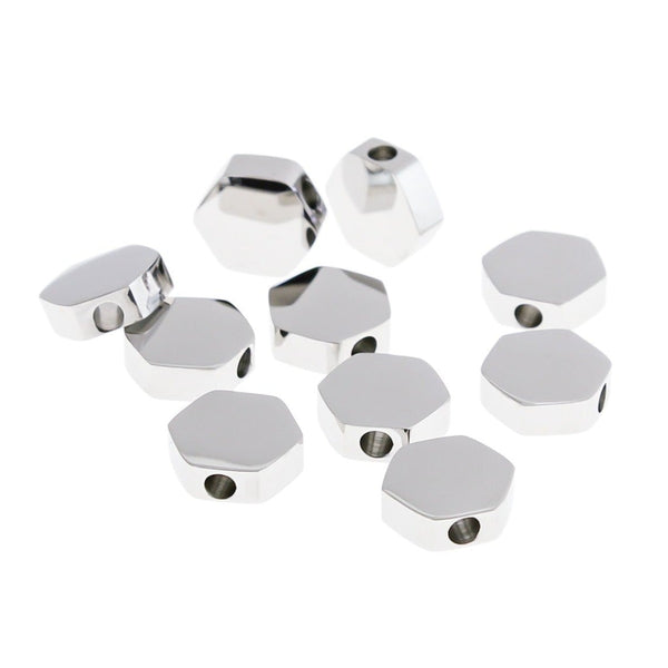 Hexagon Stainless Steel Spacer Beads 8mm x 8mm - Silver Tone - 10 Beads - MT416