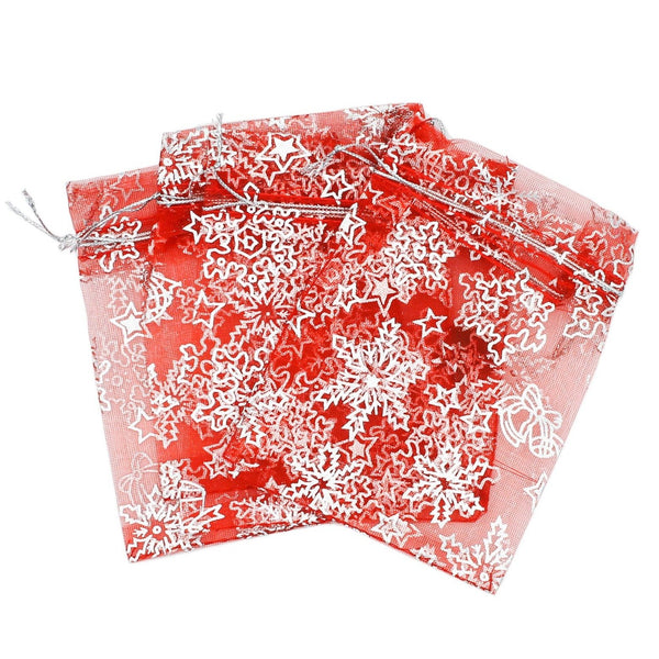 BULK 50 Sachets Organza Rouge Flocon de Neige 12cm x 10cm - TL183