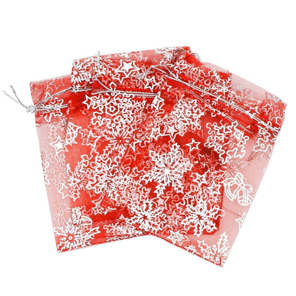 BULK 50 Red Snowflake Organza Drawstring Bags 12cm x 10cm - TL183