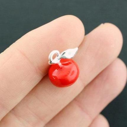 2 Apple Silver Tone Enamel Charms 3D - E050