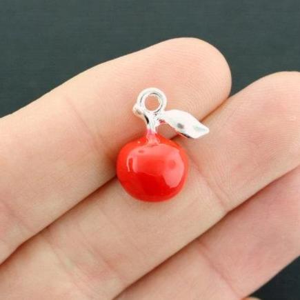 2 Apple Silver Tone Enamel Charms 3D - E050